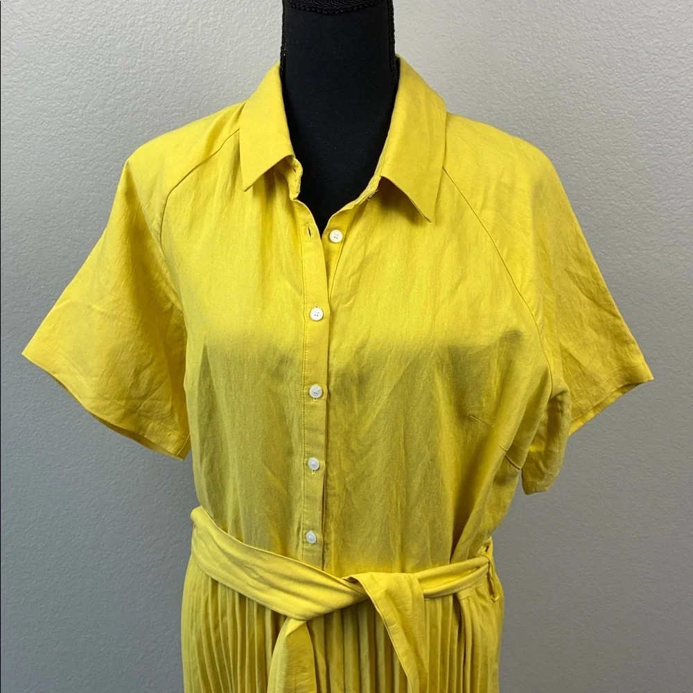 1901 Nordstrom Yellow Pleated Midi Shirtdress Short Sleeve Belted Button Up XL - Picture 5 of 8